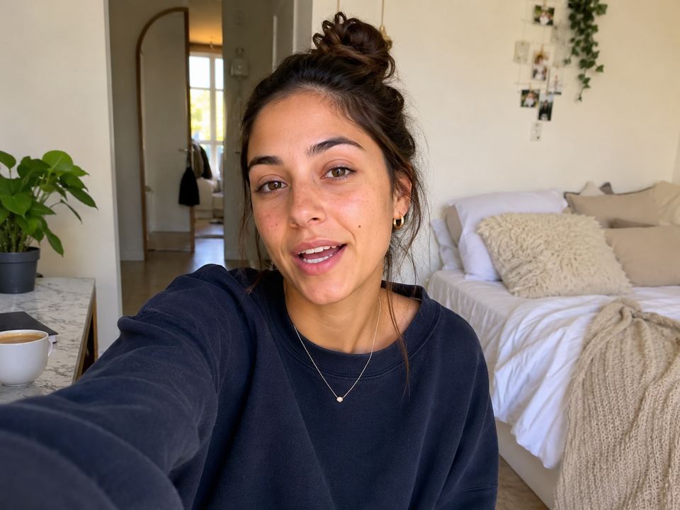 Someone talking to a handheld camera at home